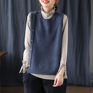 Johnature Women Sweter Swetry Solidne Kolor O-Neck Bez Rękawów Sprężyna Przycisk Kobiece Odzież Koreański Styl Swetry 210521