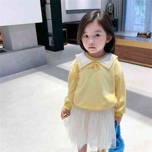 Sonbahar Sevimli Kızlar Sailor Yaka Uzun Kollu Tişörtü Bebek Kız Saf Pamuk Rahat Giysileri Tops Ilmek Giyim 210508