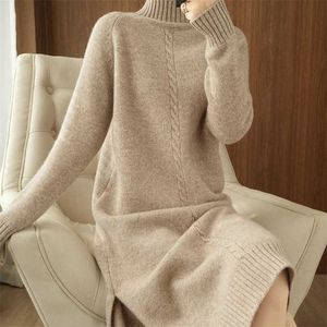 Abito spesso caldo maglione lungo in lana 100% donna autunno inverno collo alto sopra il ginocchio camicia di base in maglia di cashmere di grandi dimensioni 211220