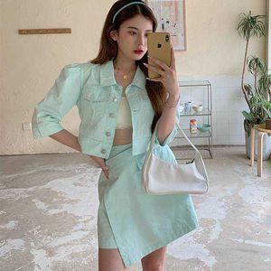 Summer Fashion Women Casual Single-Breasted Half Sleeve Jacket Topy + Nieregularne kombinezony spódnicy 210531