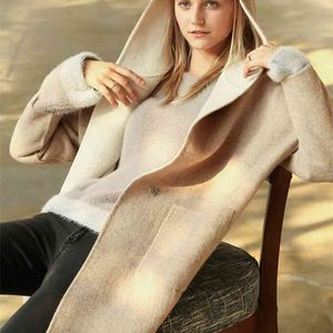 両面ウールのジャケットの女性冬のファッションフード付き緩いソリッドコート女性ブレンド11840478 210527