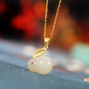 S925 Silver Plated Hetian Jade Pendant Lovely Temperament Rabbit Children's Earrings Bracelet Ring Necklace Set