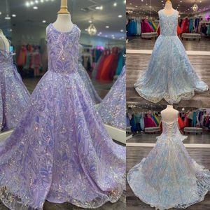 Sıvı Sequins Kız Pageant Elbiseler 2022 Scoop Boyun Çizgisi A-line Preteen Resmi Olay Giymek Törenlerinde Dantel-up Geri Sky-Mavi Leylak Fildişi Köpüklü Parlayan Çiçek Kızlar Genç