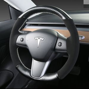 Interior DIY 3D preto Fibra de Carbono Camurça De Couro De Couro De Coroa Mão De Costura Envoltório Ajuste Para Tesla Modelo 3 2017-2020