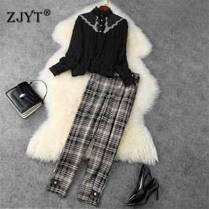 Autumn Winter Office Lady Outfits Runway Designers Embroidery Shirt and Plaid Pants 2 Piece Matching Set Vintage Twinset 210601