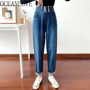 Hohe Taille Frauen Feste Knöpfe Herbst Gerade Denim Hosen Koreanischen Stil Hosen Beiläufige Lose 18469 210415