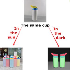 Wholesale! Sublimation Green Glow UV Color Change 12oz Totally Straight Kids Tumblers Glowing In The Dark Changing Color In The Sun Stainless Steel Water Bottles A12
