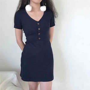 Mulheres vestido de verão mulheres Botão de malha em v decote Rib Black vermelho mini elegante kawaii casual vestido coreano vestidos 210521