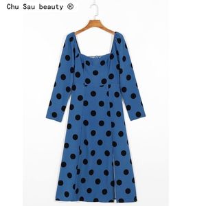 Lato Slim Vintage Kwadratowy Kołnierz Boczny Szczur Średniej długości Blue Polka Dot Midi Sukienka Kobiety 210508