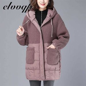 M-5XL outono parkas jaquetas mulheres femininas mais tamanho cordeiro teddy splicing casacos com capuz algodão jaqueta de inverno womens outwear casaco 211008
