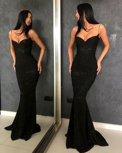 Custom Made Sexy Black Prom Dresses Pełne Cekiny Spaghetti Paski Otwórz Wróć Mermaid Długie Suknie Wieczorowe Plus Size Bez Rękawów Suknie Korownicze