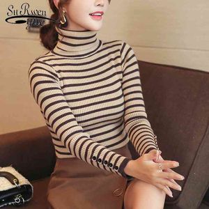 Höst Långärmad tröja Pullover Turtleneck Kvinnor Striped stickad Sueter Mujer Invierno 5124 50 210521