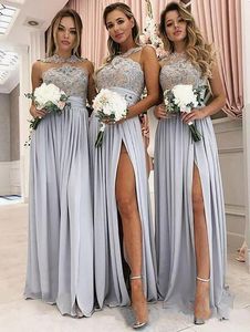 2021 Silver Lace Appliqued Druhna Dress Tanie Długie Formalne Party Evening Prom Dress Wedding Party Guest Honor Gown