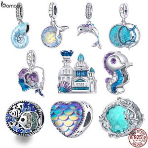 Bamoer 925 Sterling Silver Dream Ocean Series Esmalte Encantos Sereia Fishtail Hippocampus Shell Coração Castelo Scaly Charme BSC433