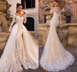 Long Sleeves Vintage Mermaid Wedding Dresses with Detachable Skirt in Luxury lace applique garden farm bridal gowns robes
