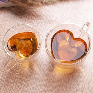Сердечные Кружки оптовых-Creative Milky Tea Mug Wear в форме сердца не горячего двухслойного стекла высокого боросиликатного сока пить кофейную чашку
