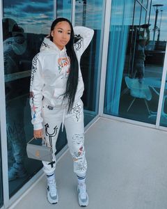 Kvinnors tvåbit byxor TRACKSUIT Kvinnor kostym huva nacke sportkläder graffiti print set casual hoodie kläder