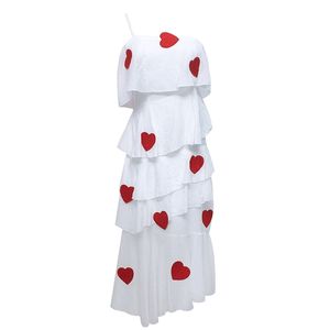 Белое красное сердце аппликации прямые пэчворки каскадные рюшами maxi длинное платье slash шеи d0601