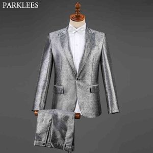 Erkekler için Parlak Gümüş Düğün Takım Elbise Takım Elbise Set 3 Parça Moda Takım Mens Smokin Için Smile Slim Fit Sahne Dansçı Parti Kostüm 210524