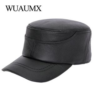 Wuaumx krowy skórzane kapelusze wojskowe dla mężczyzn zima jesień ciepły męski kapelusz kownak