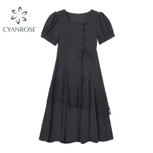 021 Summer Women Dresses Korean Style Vintage Simplicity Drawstring Lace Splicing Short Sleeve Draped Female Black Long 210515