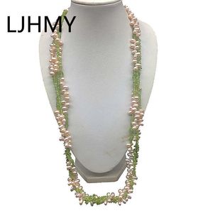 3 Strands Layered Pink Freshwater Cultured Pearl Peridot Semi-precious Stone Statement Necklace Women 75cm Long