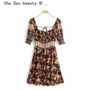 Chu Sau Beauty Fashion Boho花柄プリントドレス女性夏シックな弾性ウエストMidiドレス女性の背中の無いな休日ウェア210508