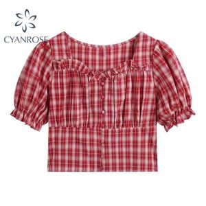 Vintage Red Plaid Crop Blus för Dam Puff Short Sleeve Elegant Ruffle Design Skjortor Kvinnor Mori Girl Rok Ulzzang Topps Mujer 210515