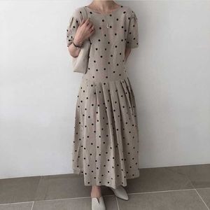 Koreansk chic sommar vintage temperament söt o nacke kortärmad pläterad polka dot klänning kvinnor mittlängd patchwork vestidos 210610