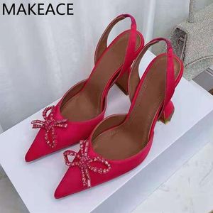 Отсуть туфли Rose Red Bowknot Women Luxury String Style Heels Satin Crystal Woman High Gladiator Sandals