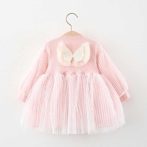Wiosna Dziewczynek Kątowa Sukienka Cute Little Długi Rękaw Tutu Vestido Dla Dzieci Princess Outfit ze skrzydłami Różowy 210529
