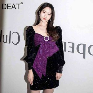 summer and autumn fashion women clothes full sleeves bow collar patchwork pullover slim mini dress WP85501L 210421
