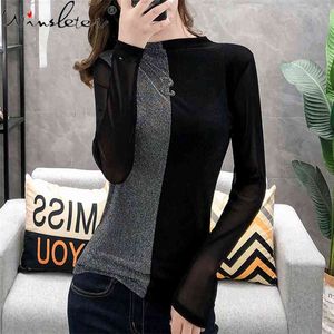 Brev Diamante Trim Color Block Turtleneck Pullover Tshirt Kvinnor Mode Casual Långärmad Bottom Slim T Shirt Tops T07703B 210421