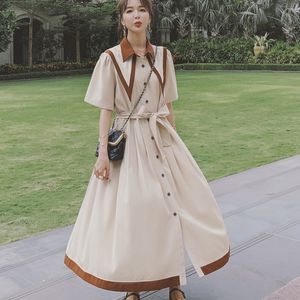 Summer Fashion Elegant Traveling Creamy-white Pure Color Temperament Doll Neck Belt Shirt Dress 16F1275 Robe 210510