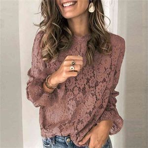 lace blouse shirt autumn vintage tops women see through floral casual elegant shirts 210427