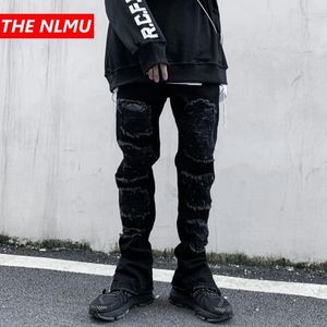 Jeans da uomo 2021 buco nero skinny uomo streetwear distrutto strappato homme hip hop patch riflettente matita biker pantaloni in denim WQ131