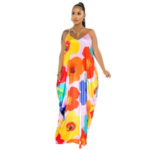 Maxi abiti lunghi aderenti stampati colorati estivi casual sexy da donna lunghezza del pavimento senza maniche taglie forti prendisole taglia (XL-5XL)