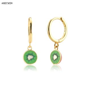 ANDYWEN 925 Sterling Silber Aros Kiwi Fruits Circle Dangle Tiny Piercing Clips Luxus Aguacate Drop Earring 210608
