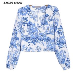 Retro Long Puff Sleeve Blue white Floral Print Shirt Women Single-breasted buttons Slim Waist Short Blouse Girl's Tops 210429