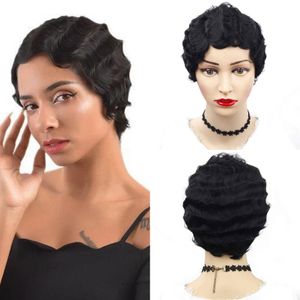 Finger Wave Malaysian Human Hair No Lace Pärlor Kort Vintage Pixie Cut Machine Made Wig För Black Women Retro
