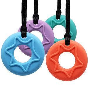 Colar de dentição Dentes Redondos Forma Estrela Pingente Chewable para bebê Bebê Bordada Alimentos Grau Silicone Toy Sensory