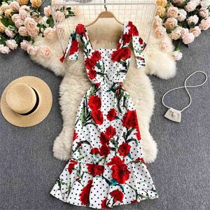 Summer Fashion Temperament High-end Women's Vestidos Elegant Print Polka-dot Slim-fit Sling Fishtail Midi Dress GK831 210506