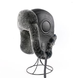 Winter Herren 100 % echte Rex Raabit Pelz Bomber Hut Ushanka Cap Trapper russische Mann Ski Hüte Mützen echtes Schaffell Leder