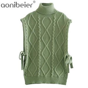 Kvinnor Kabel-Sticka Sweater Vest High-neck Loose Warm Chic Kvinna Strikkade Tröjor Casual Fashion Pullover Toppar 210604