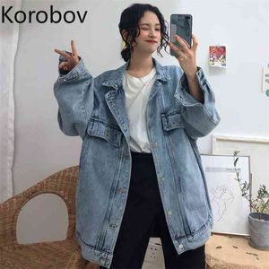 KOBOV Harajuku Oversize Girl-Down Collar Coats Korean Longo Manga Chique Denim Casacos Bolsos Único Breasted Jeans Casaco 79167 210430