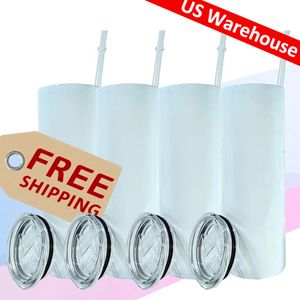 US warehouse 20oz Sublimation Straight Tumbler Water Cups Skinny Tumblers Blanks Bottle Double-Wall Stainless Steel Vacuum Insulated Mug Fast Delivery Wholesale