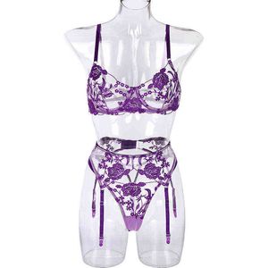 NXY SEXY SET Aduloty's New Candy Color Women's Lace Broderad Sexig Underkläder Underwire Bra Tunn Genomsnitt Erotisk Underkläder Tre-Piece Set 1128