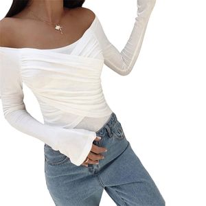 Kayotuas Frauen T-Shirt Mode Sexy Off-the-Shoulder Top Damen Bodycon Langarm Casual Streetwear Slim Tops 210522