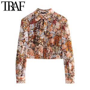 TRAF Kadınlar Moda Yay ile Bağlı Çiçek Baskı Kırpılmış Bluzlar Vintage Uzun Kollu Button-Up Kadın Gömlek Chic Tops 210721