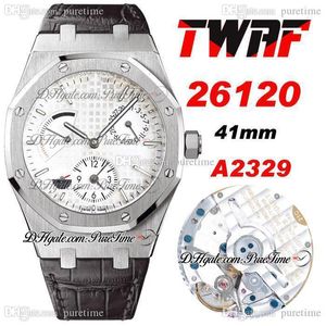 TWAF 41mm 26120 Dual Time Power Reserve A2329 Automatic Mens Watch Steel Case Silver Texture Dial Stick Markers Leather Strap Super Edition Watches Puretime B02